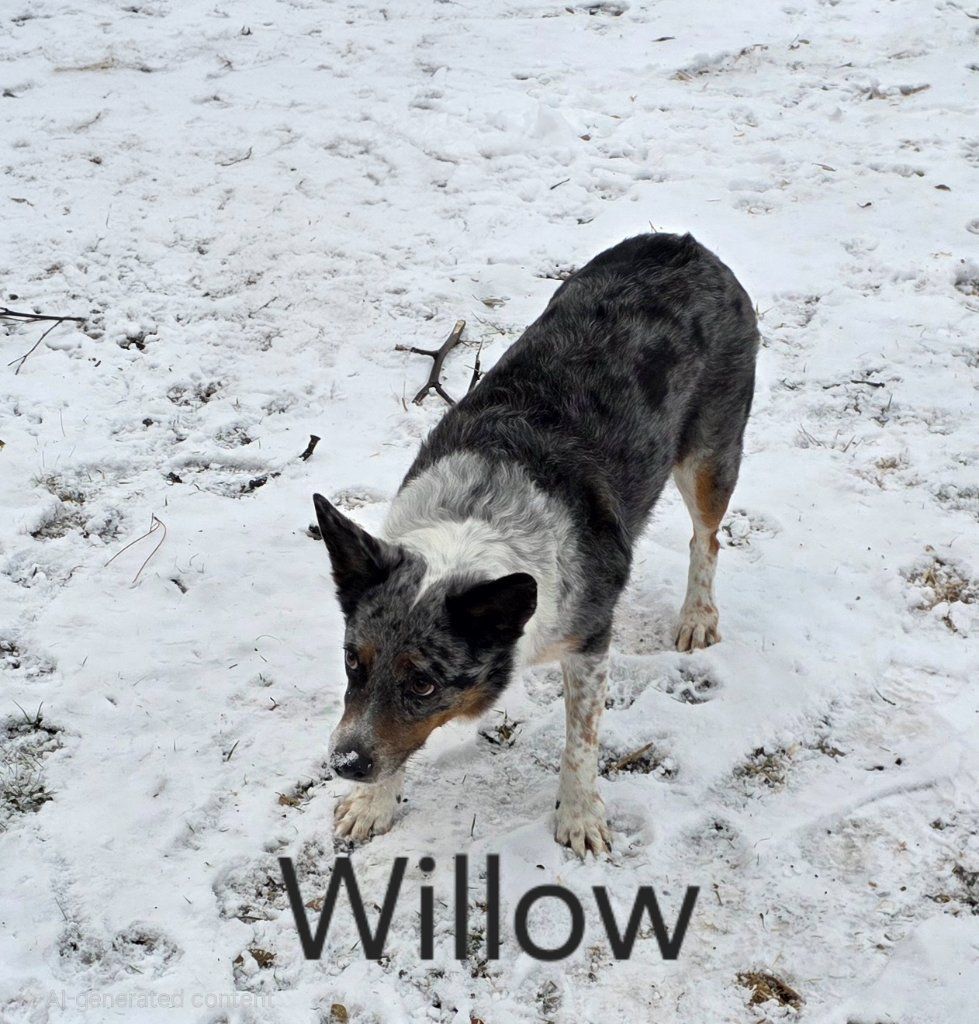 Small black, white, and tan dog standing on snow with the name “Willow” beneath it