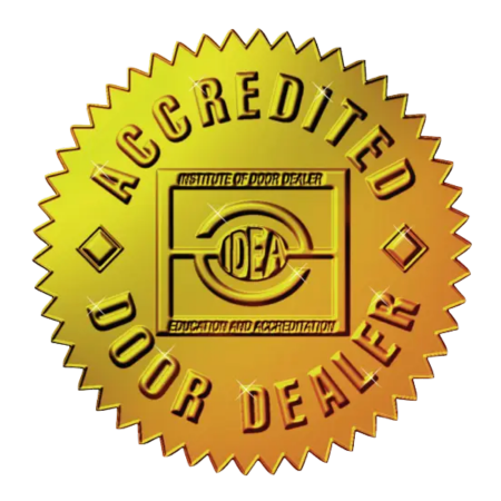Gold seal reading “Accredited Door Dealer” with IDEA logo in the center.