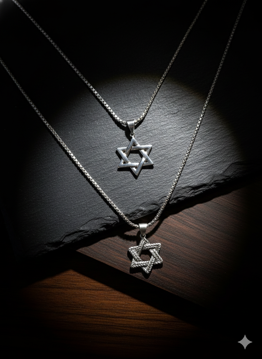 Two silver Star of David necklaces on a dark, textured surface, lit by a spotlight.