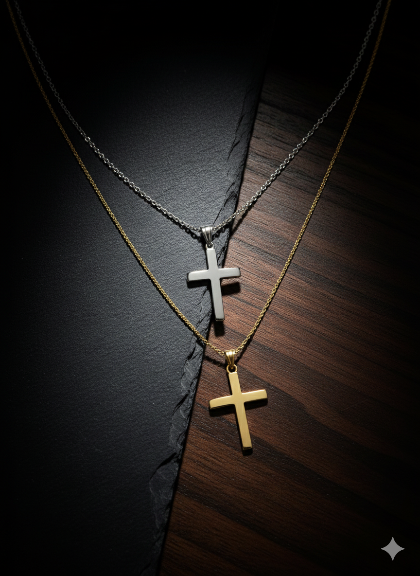 Two cross pendants, one silver and one gold, on delicate chains resting on a dark, textured surface.