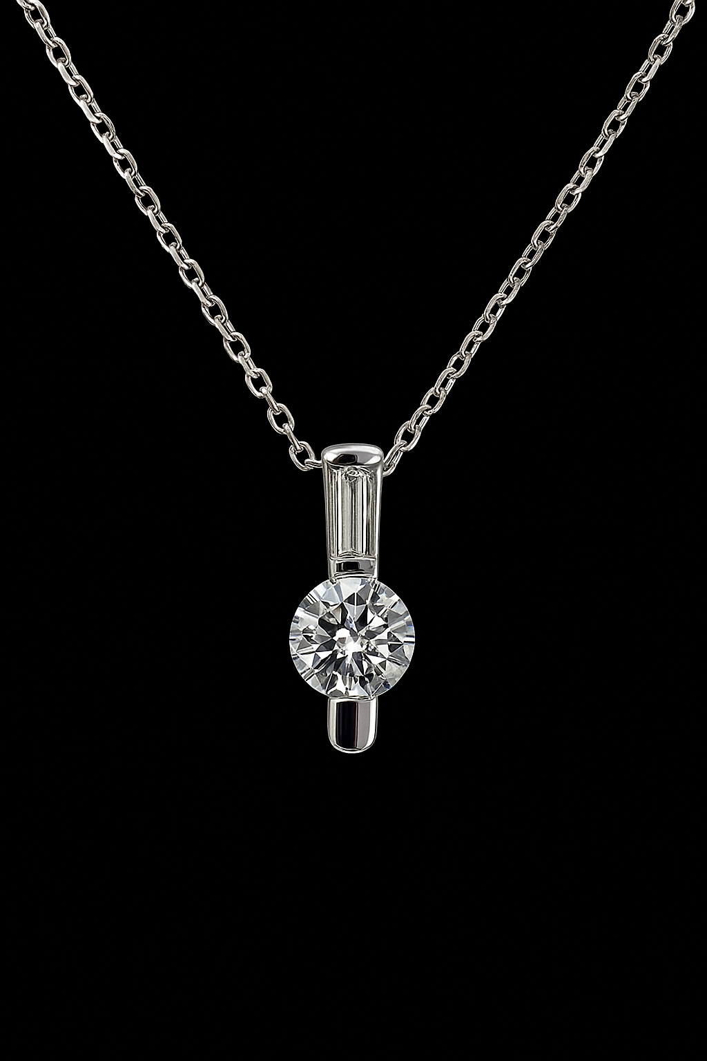Diamond pendant necklace on a silver chain against a black background.