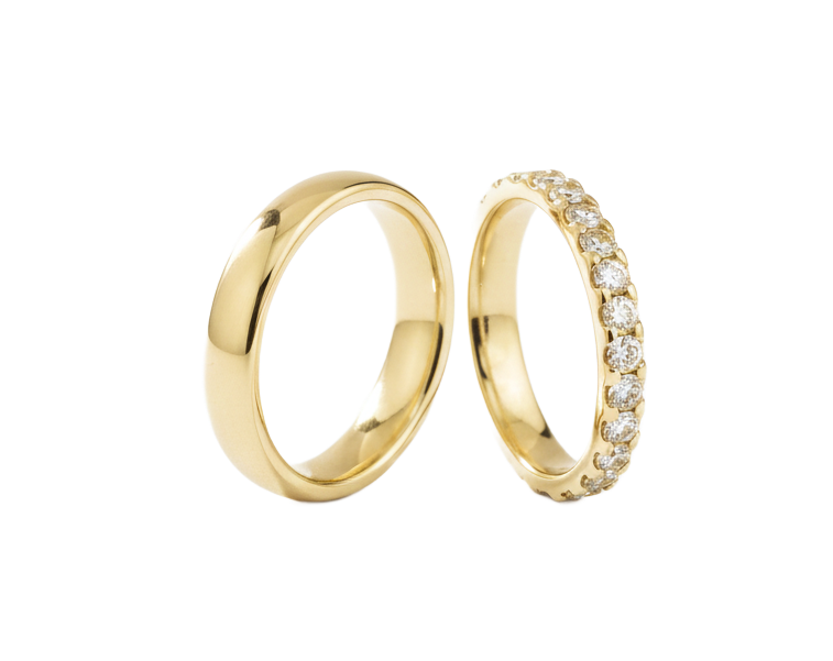 Two gold wedding rings, one plain, the other set with diamonds.