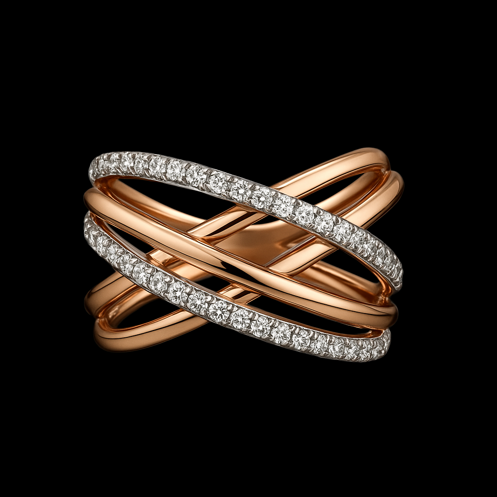 Rose gold ring with crossing bands, one lined with diamonds, against a black background.