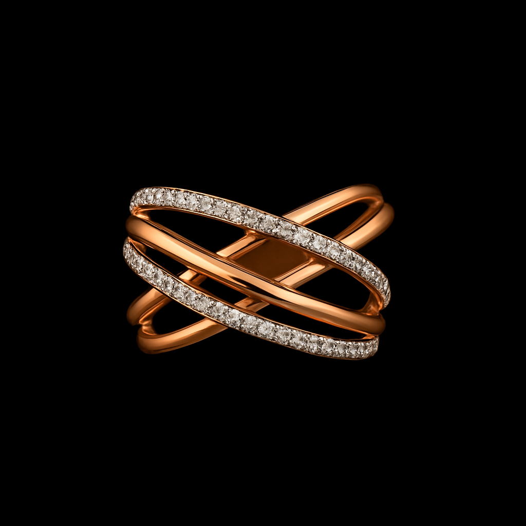 Rose gold crisscross ring with diamond accents on a black background.