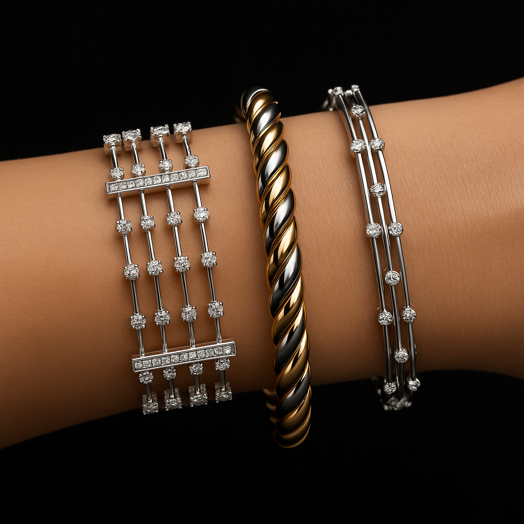 Three bracelets on a wrist: diamond strands, twisted gold and silver, and diamond accents.