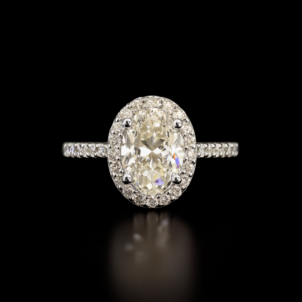 Diamond engagement ring with oval center stone and halo setting, on black background.