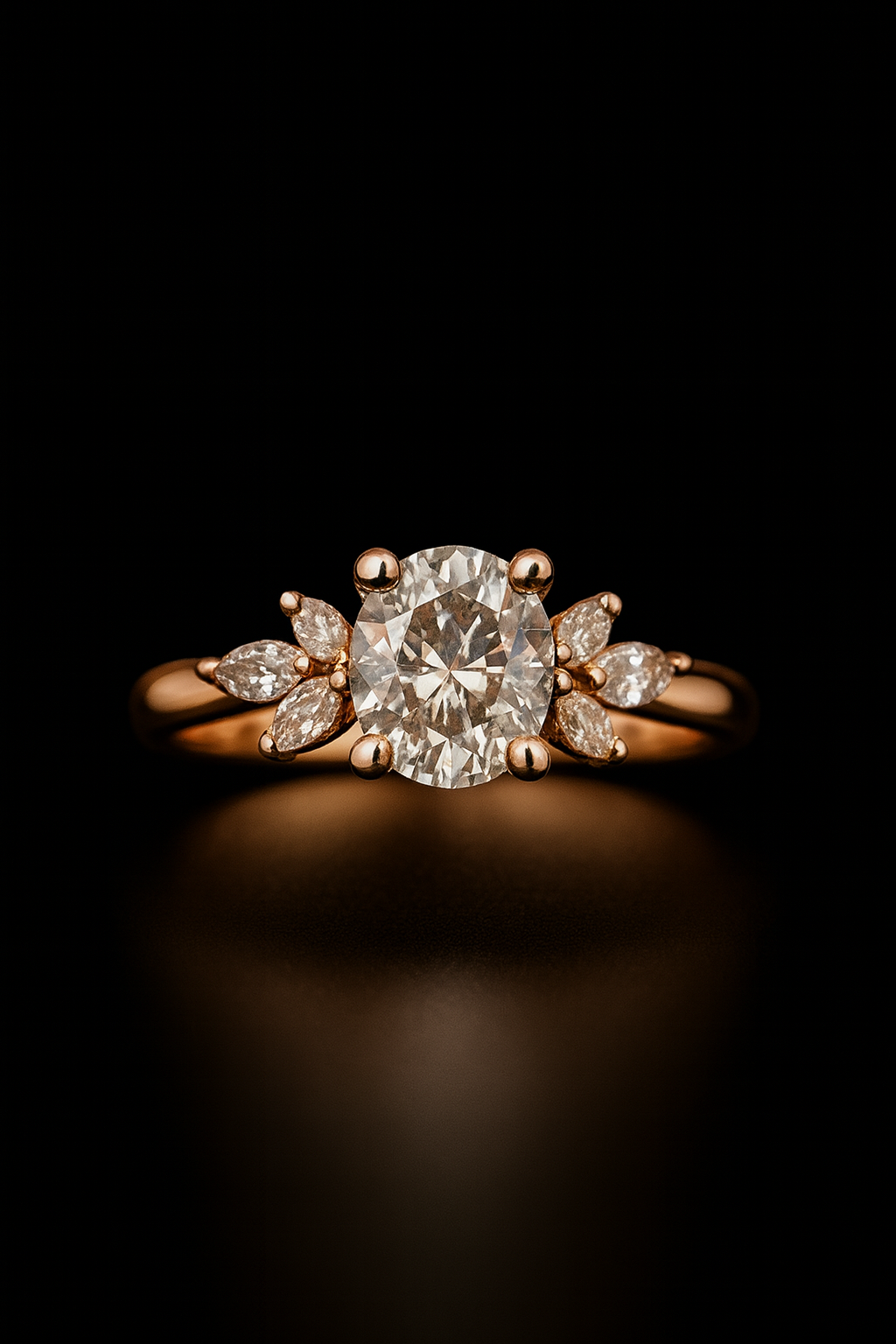 Rose gold ring with a round diamond center stone and marquise-cut side stones.