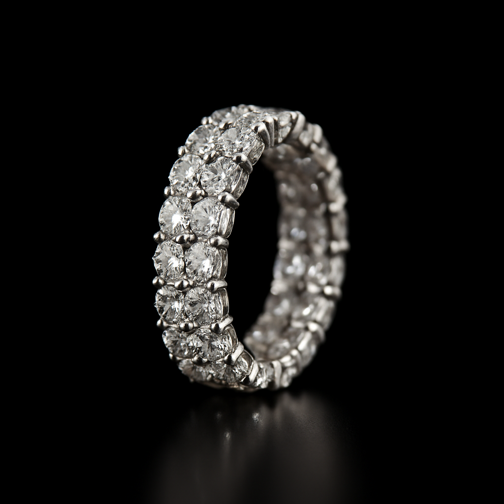Diamond eternity ring with two rows of brilliant cut stones on a black background.