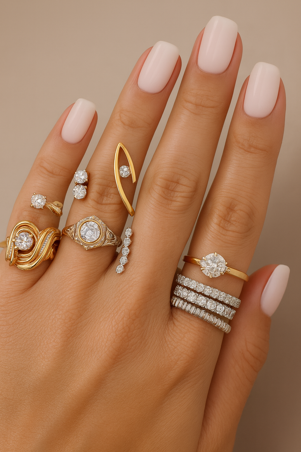 Hand displaying multiple diamond rings and earrings with neatly manicured nails.