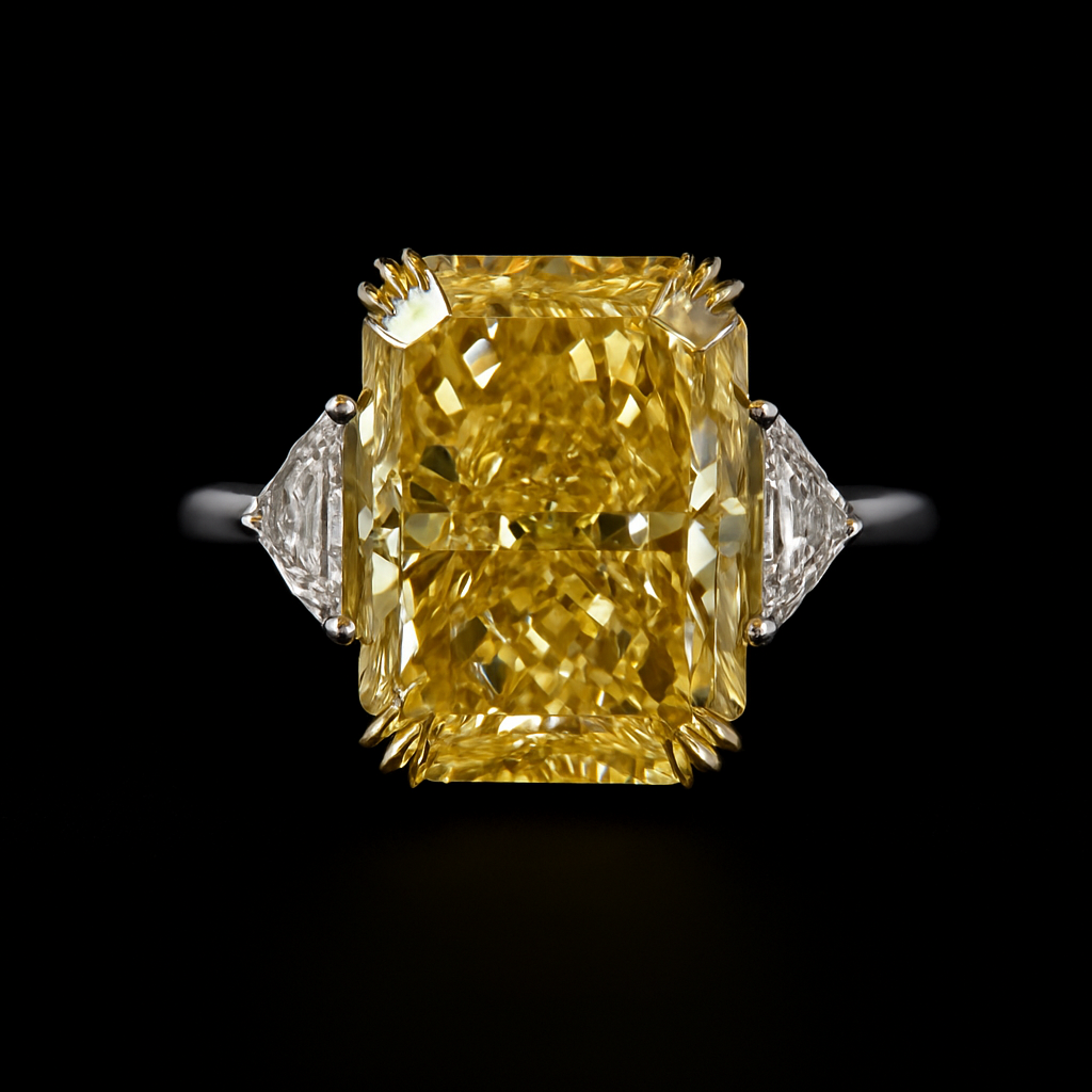 Yellow diamond ring with two smaller side diamonds, set against a black background.