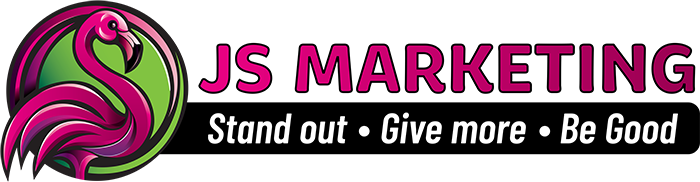 Logo: pink flamingo in a green circle, "JS MARKETING" in magenta, tagline: "Stand out &bull; Give more &bull; Be Good".