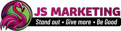 Logo: pink flamingo in a green circle, "JS MARKETING" in magenta, tagline: "Stand out • Give more • Be Good".