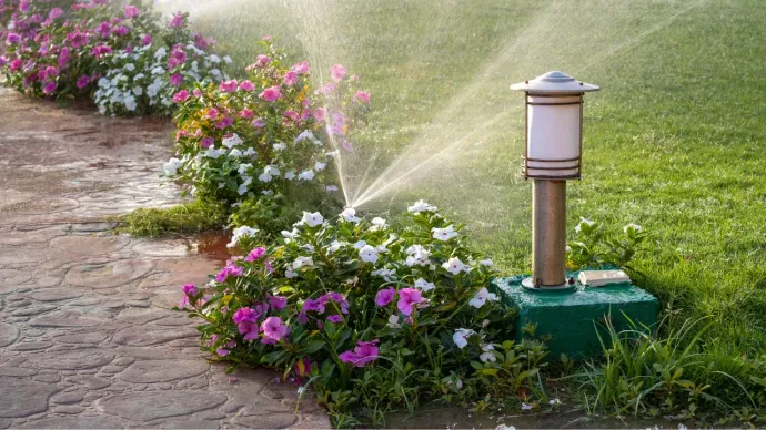 a sprinkler spraying water from behind some flowers