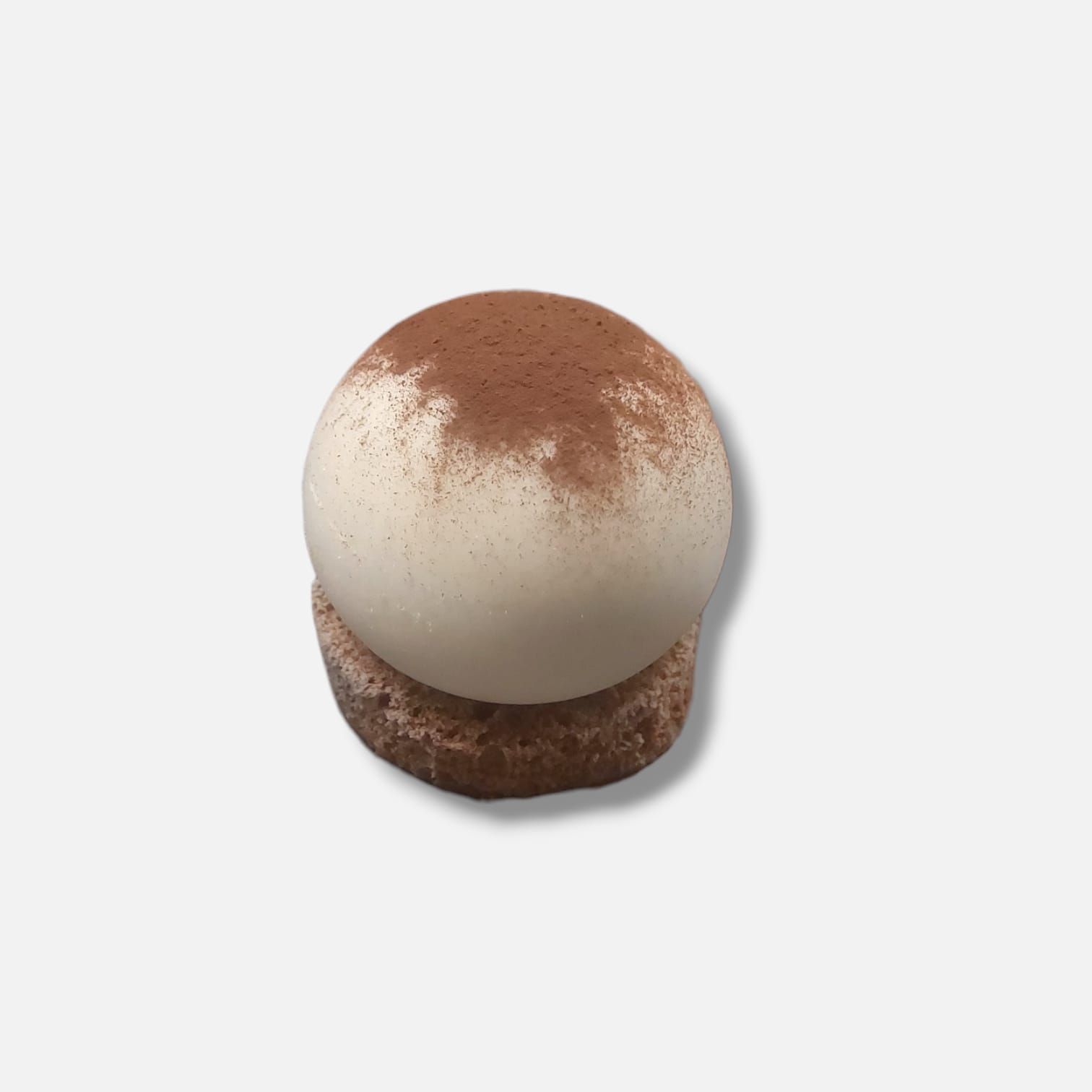 Dolce rotondo spolverato di cacao in polvere, adagiato su un biscotto circolare.