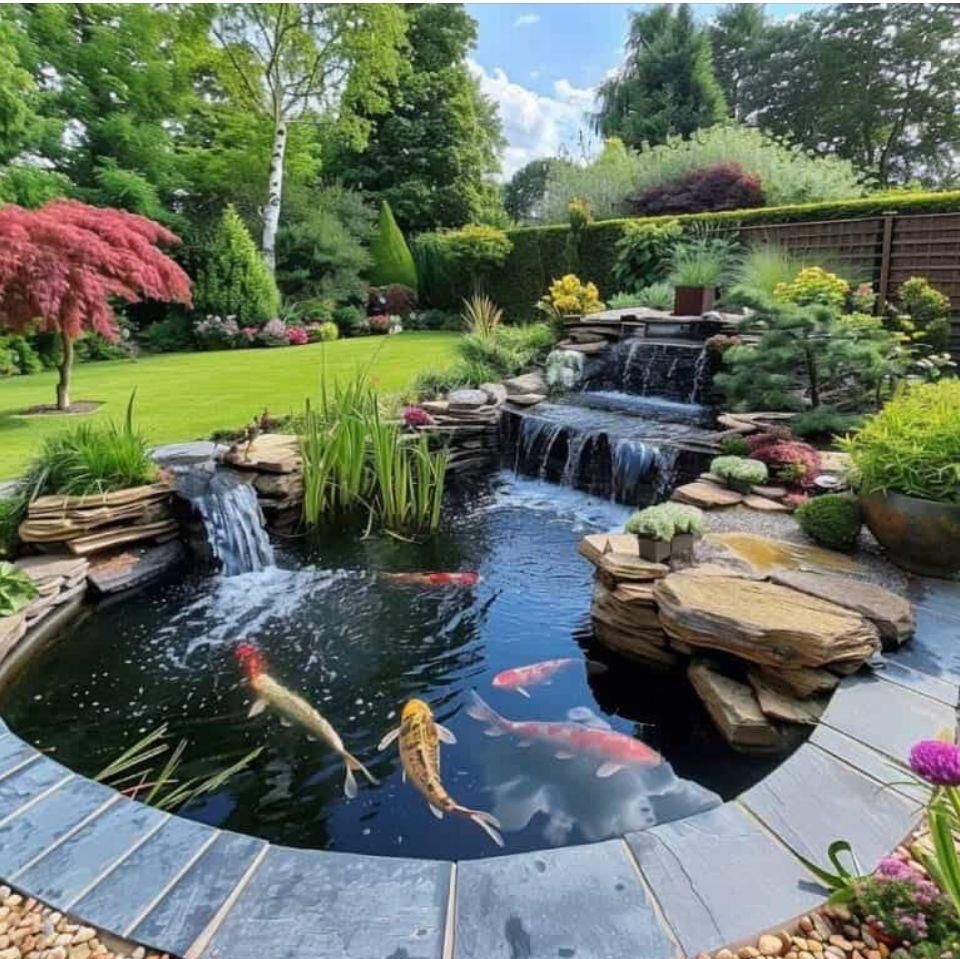 A pond with a waterfall and fish in it