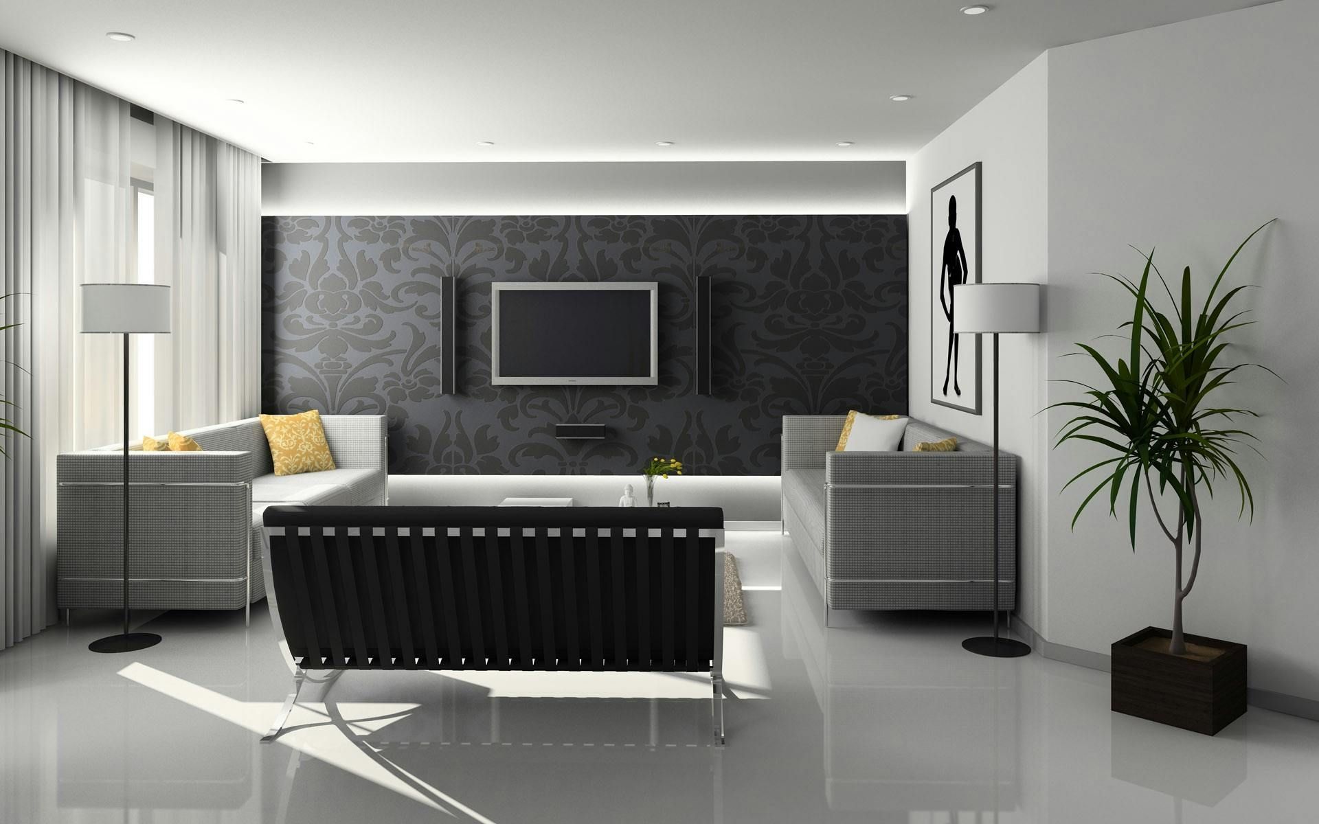 A living room with a flat screen tv on the wall