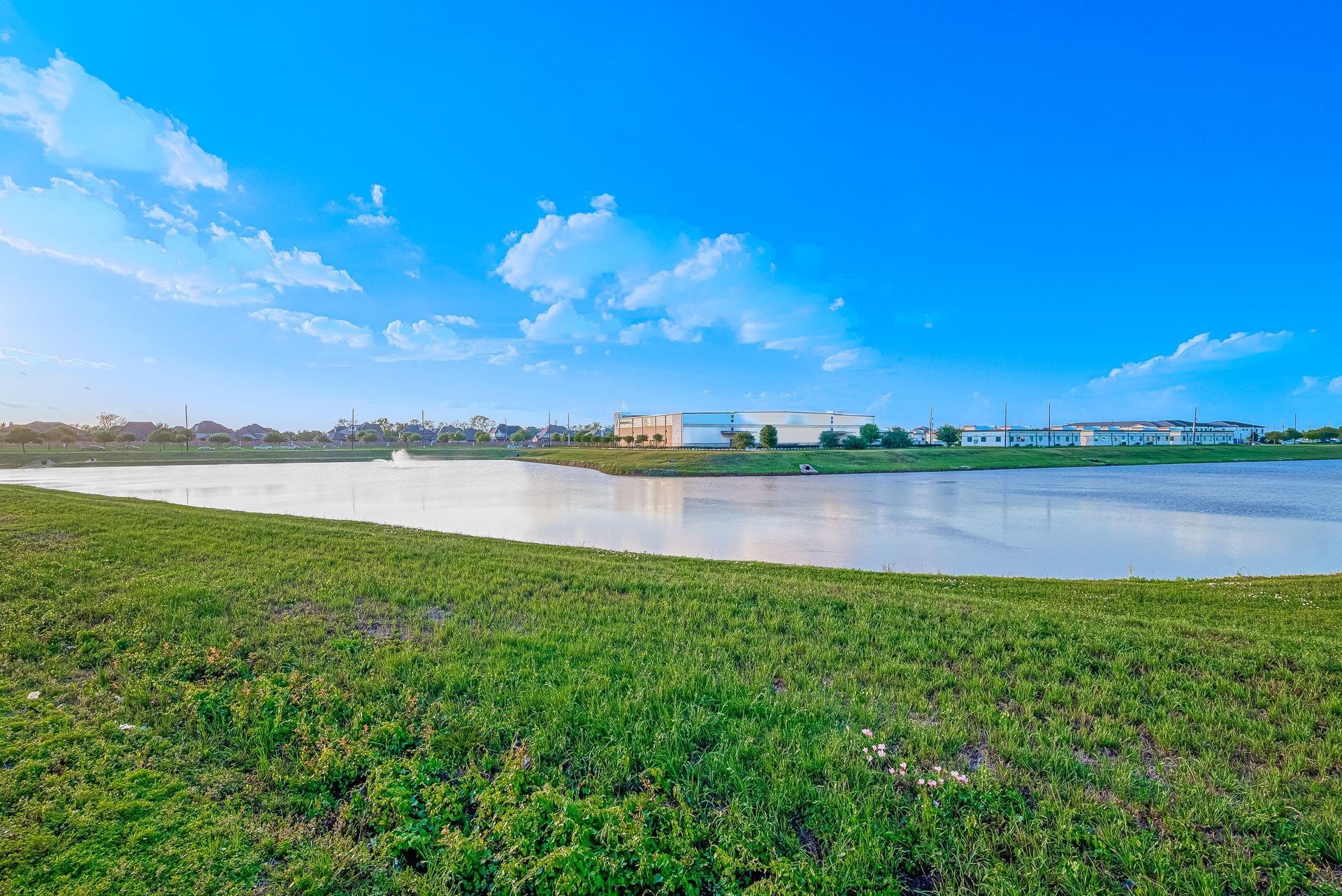 Grassy riverbank beside calm water under a bright blue sky with distant buildings on the horizon