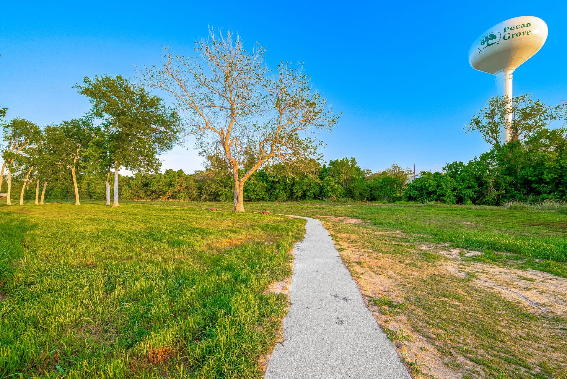 Park trail through green grass and trees under a bright blue sky, with a water tower in the distance