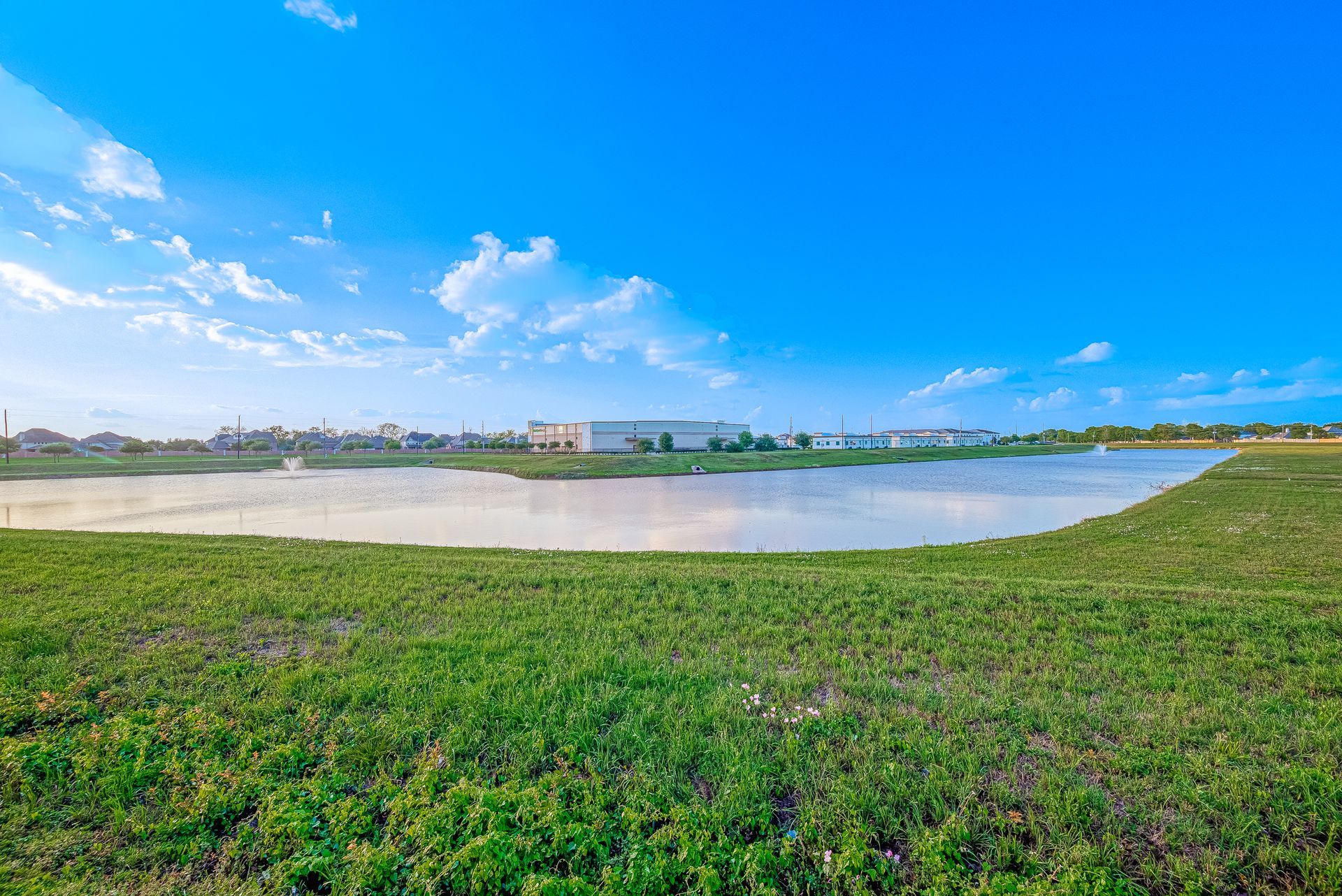 Grassy riverbank beside calm water under a bright blue sky with scattered clouds