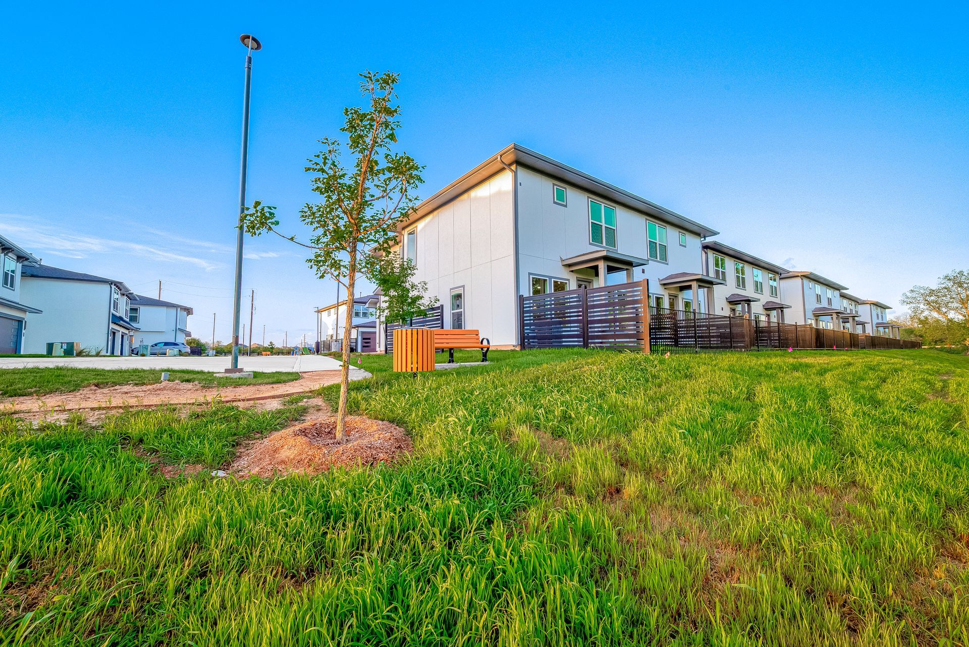 Modern apartment building beside a grassy lawn and young tree under a clear blue sky