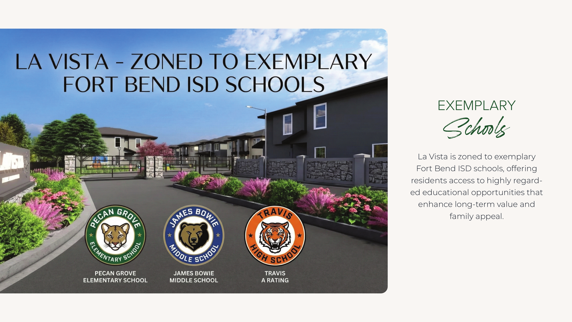 La Vista school sign with campus rendering and three award seals for Fort Bend ISD schools