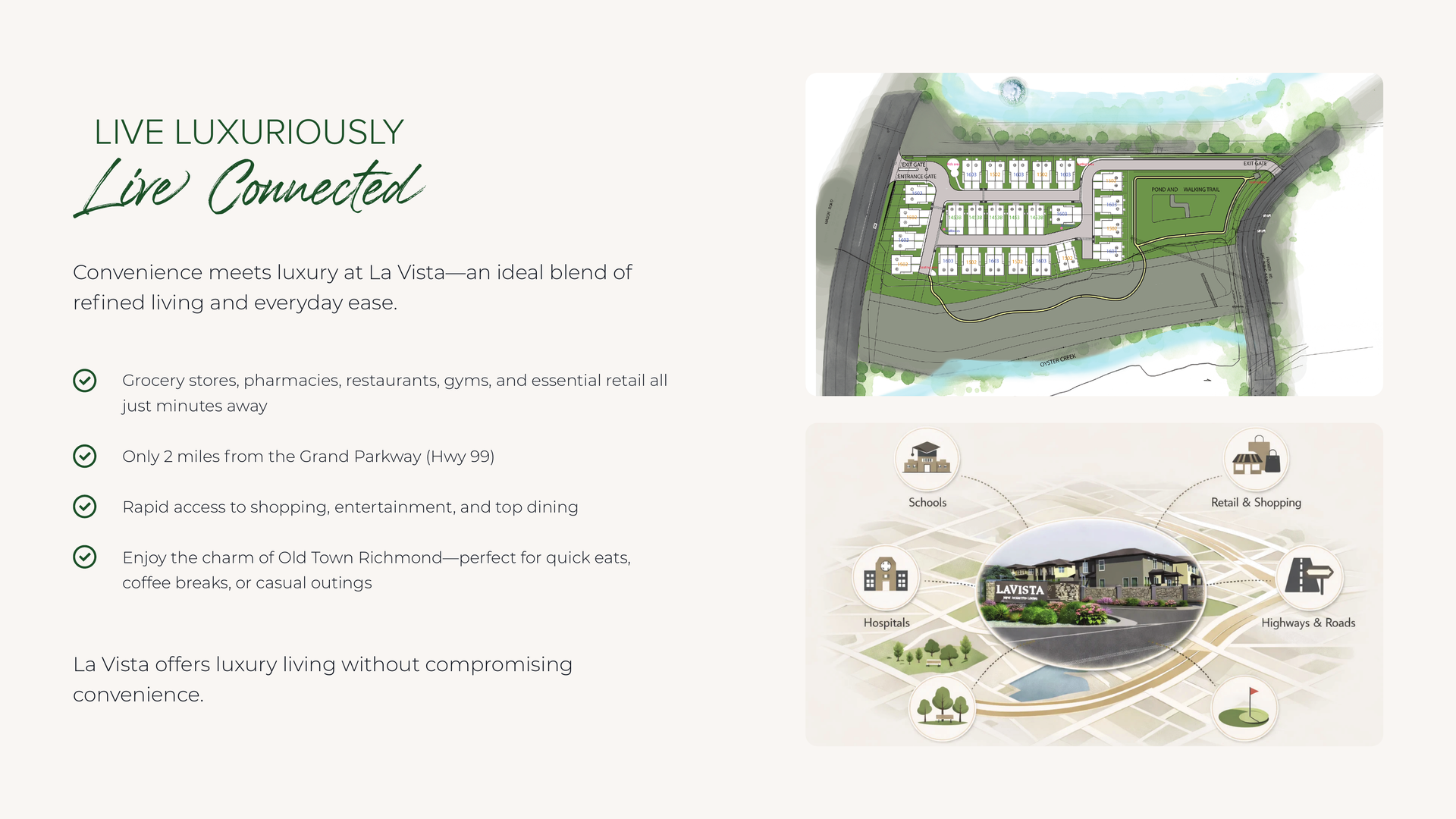 Luxury living brochure with site plan map, residential rendering, and amenity icons on a white background