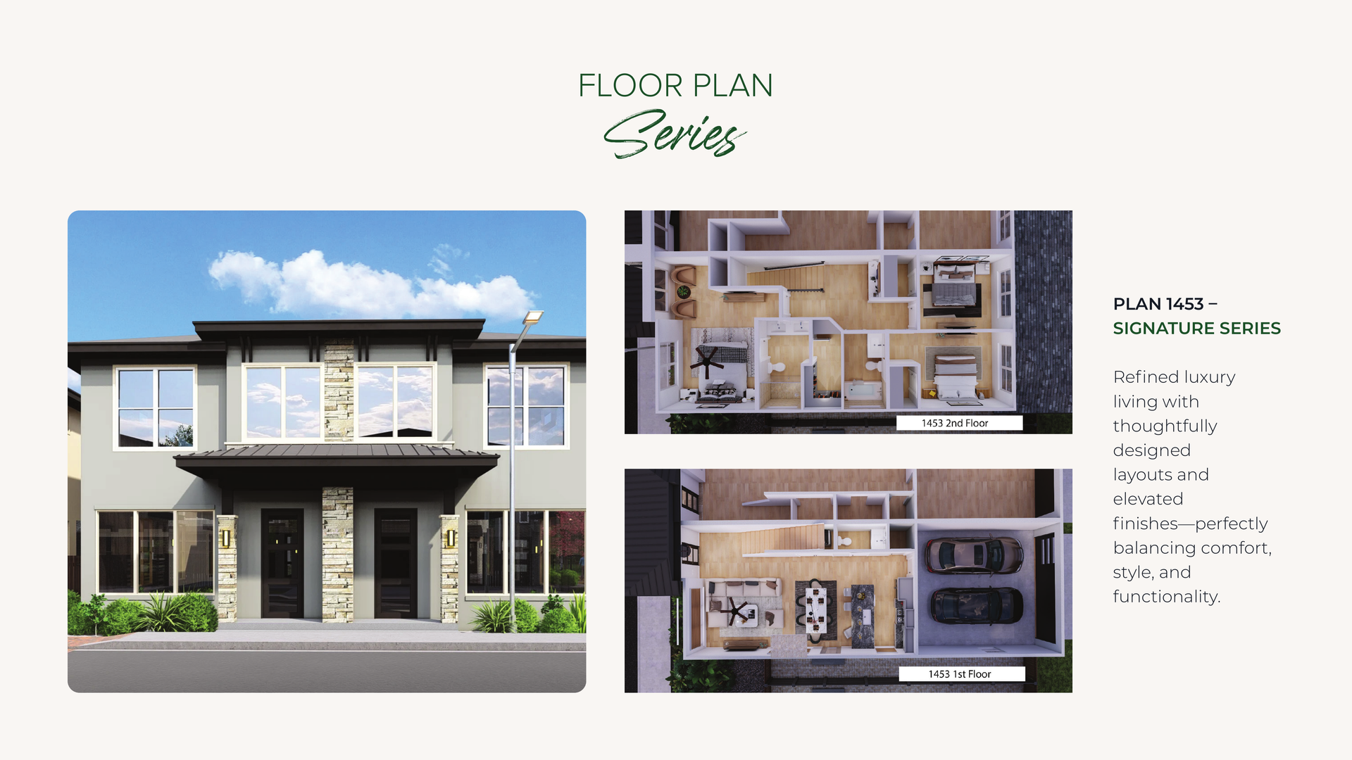 Two-story house floor plan and exterior rendering on a brochure page, with labeled rooms and layout thumbnails