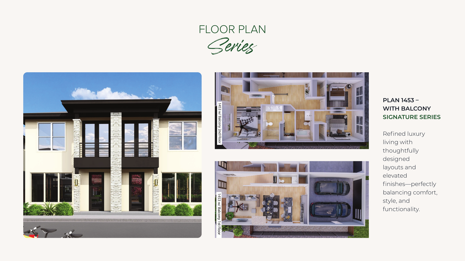 House floor plan brochure showing exterior rendering and interior layout diagrams