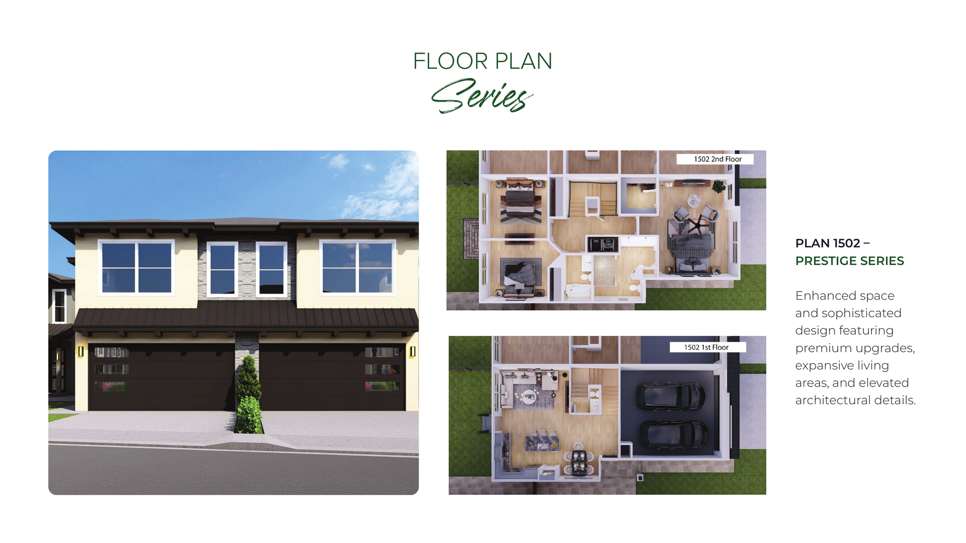 Two-story house floor plan with front elevation, living areas, and bedroom layout views