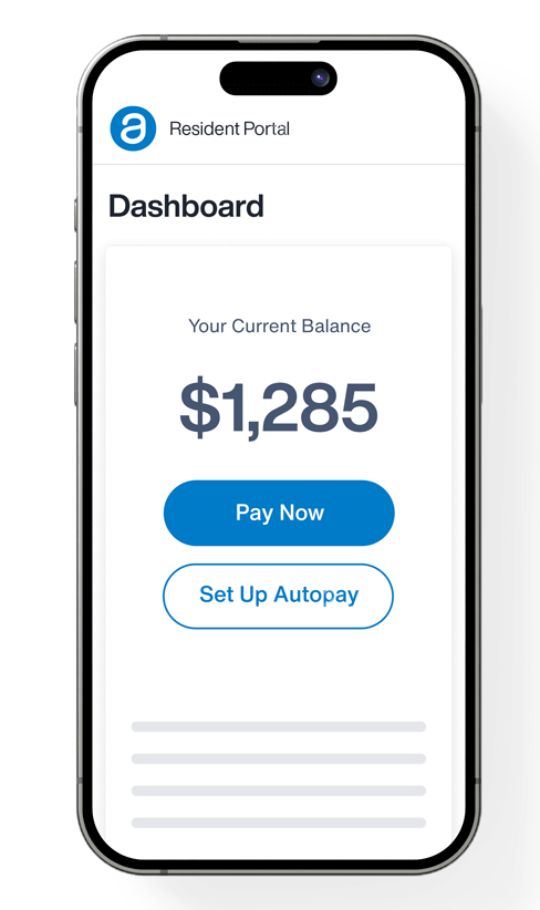 Resident Portal dashboard on a phone showing current balance $1,285 with Pay Now and Set Up Autopay buttons