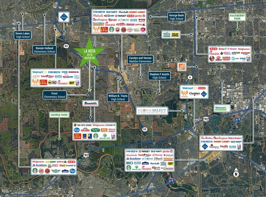 Map with many colored roadside signs and labels over a satellite-style background.