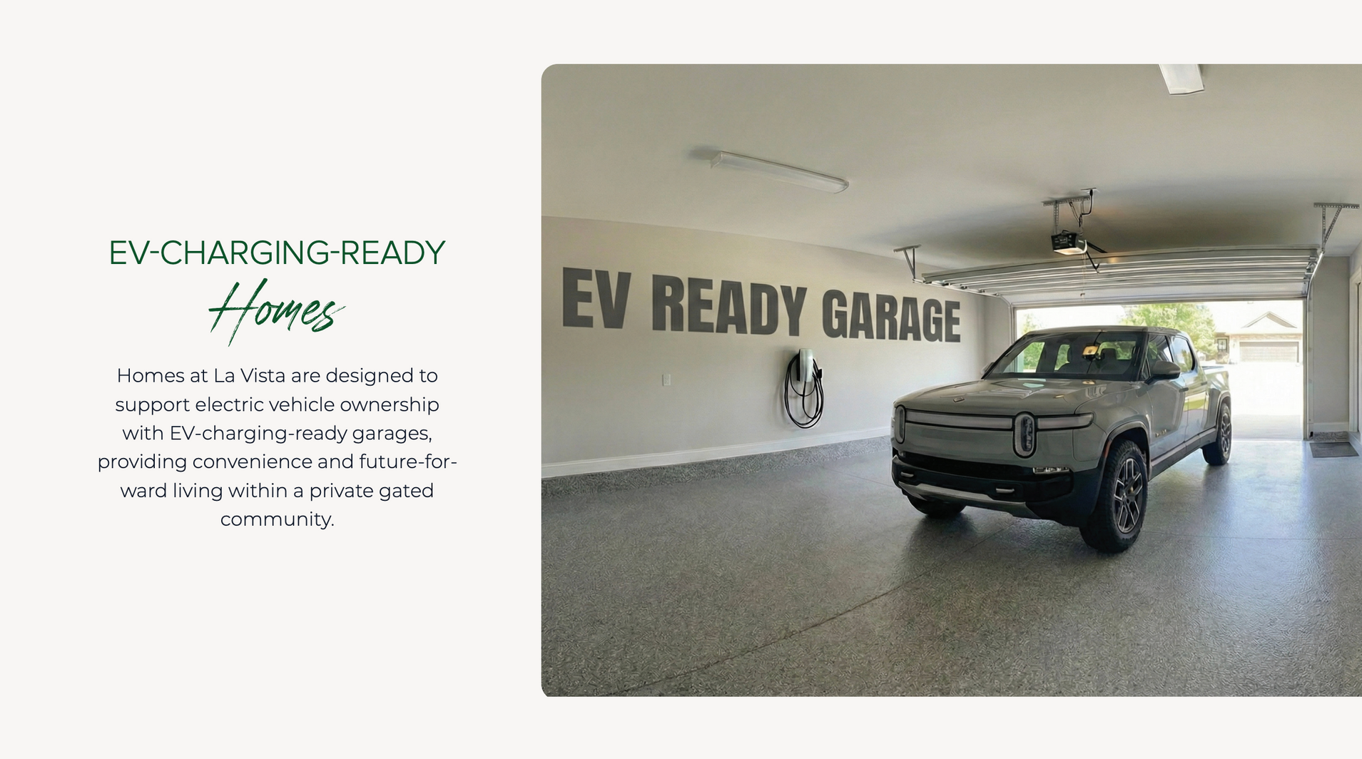 Modern garage with an SUV and large “EV READY GARAGE” wall sign, promoting EV charging readiness