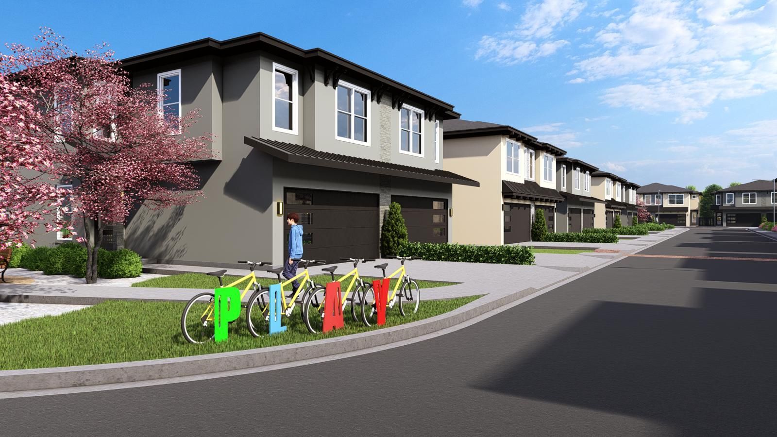 Suburban street with modern houses, a blossoming tree, and colorful toy figurines on the sidewalk
