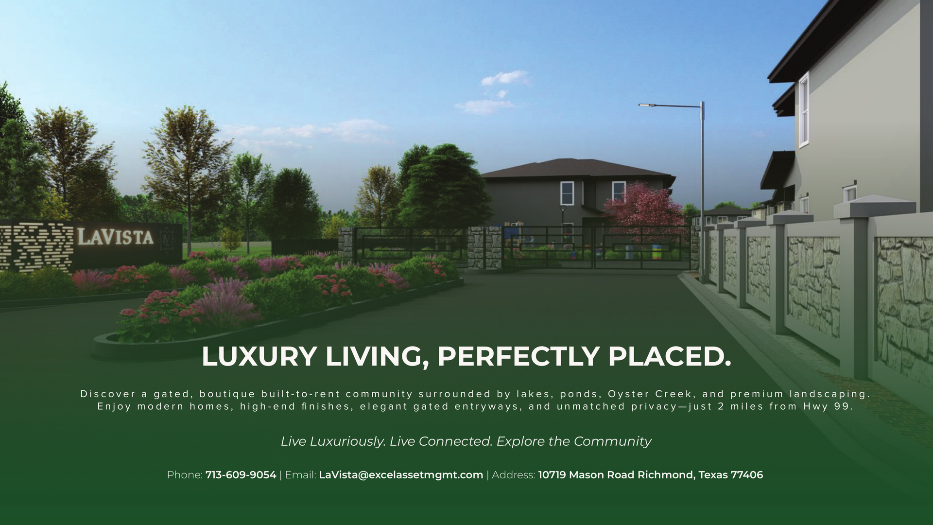 Luxury homes in a green suburban neighborhood under a blue sky, with a fence and “Luxury living, perfectly placed” text.