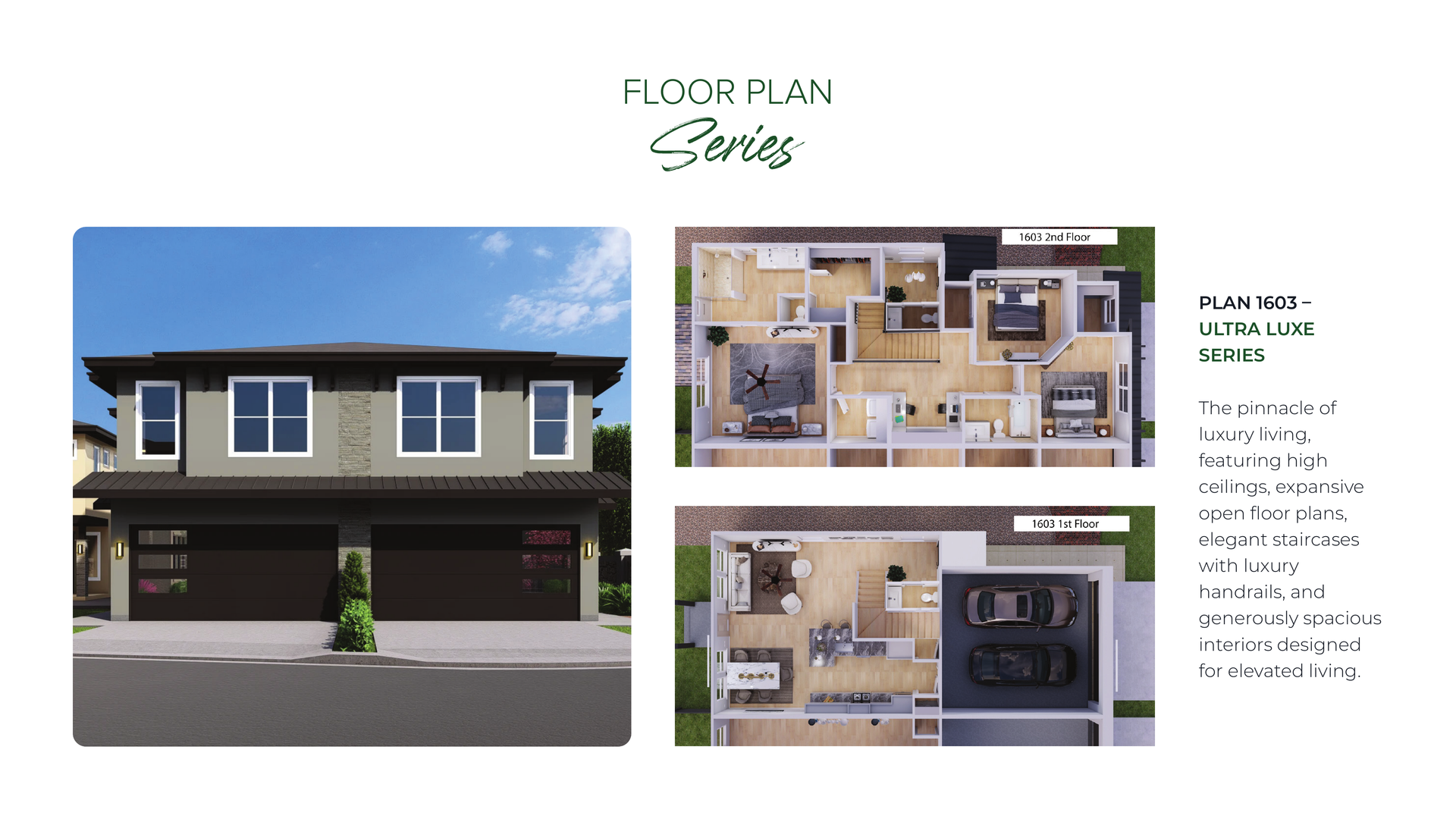 Floor plan brochure with front house rendering and two interior layout diagrams