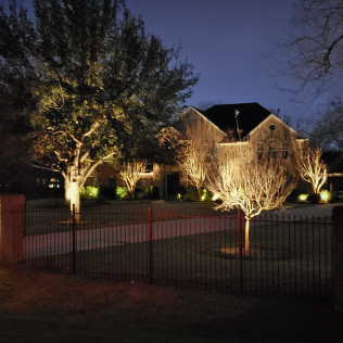 A house with landscape lighting illuminates trees and facade behind a black fence at dusk.
