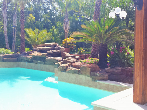 Poolside scene with turquoise water, rock waterfall feature, and lush tropical landscaping.