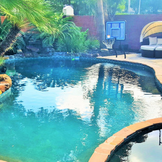 Swimming pool with a basketball hoop, water, plants, and a seating area.