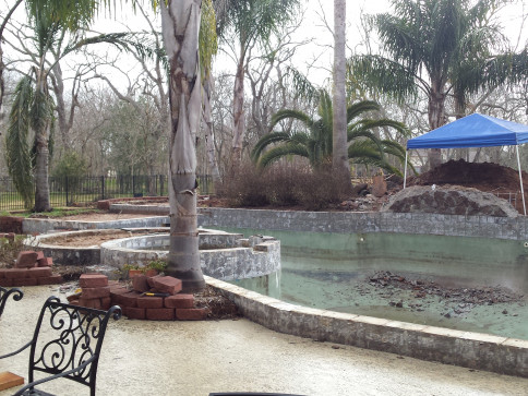 Concrete and brick pool with palm trees in the background. A blue tarp sits on a pile of dirt.