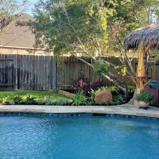 Backyard pool with tiki hut and garden, framed by a wooden fence and trees.