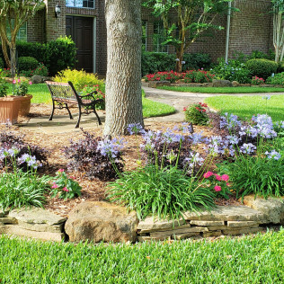 Stone-edged flower bed with purple and pink flowers, a bench, and a tree, in front of a brick house.