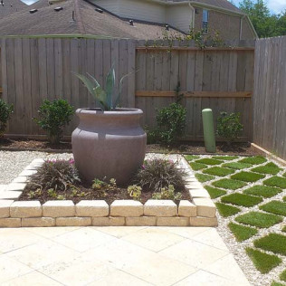 Backyard with a large pot, small shrubs, and a brick-bordered garden.
