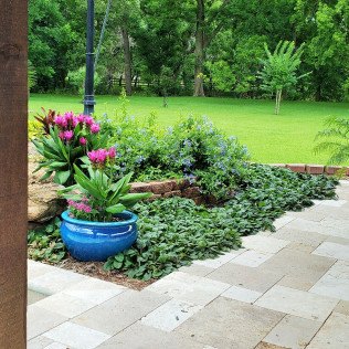 Blue potted plants and pink flowers on a stone patio overlooking a grassy backyard.