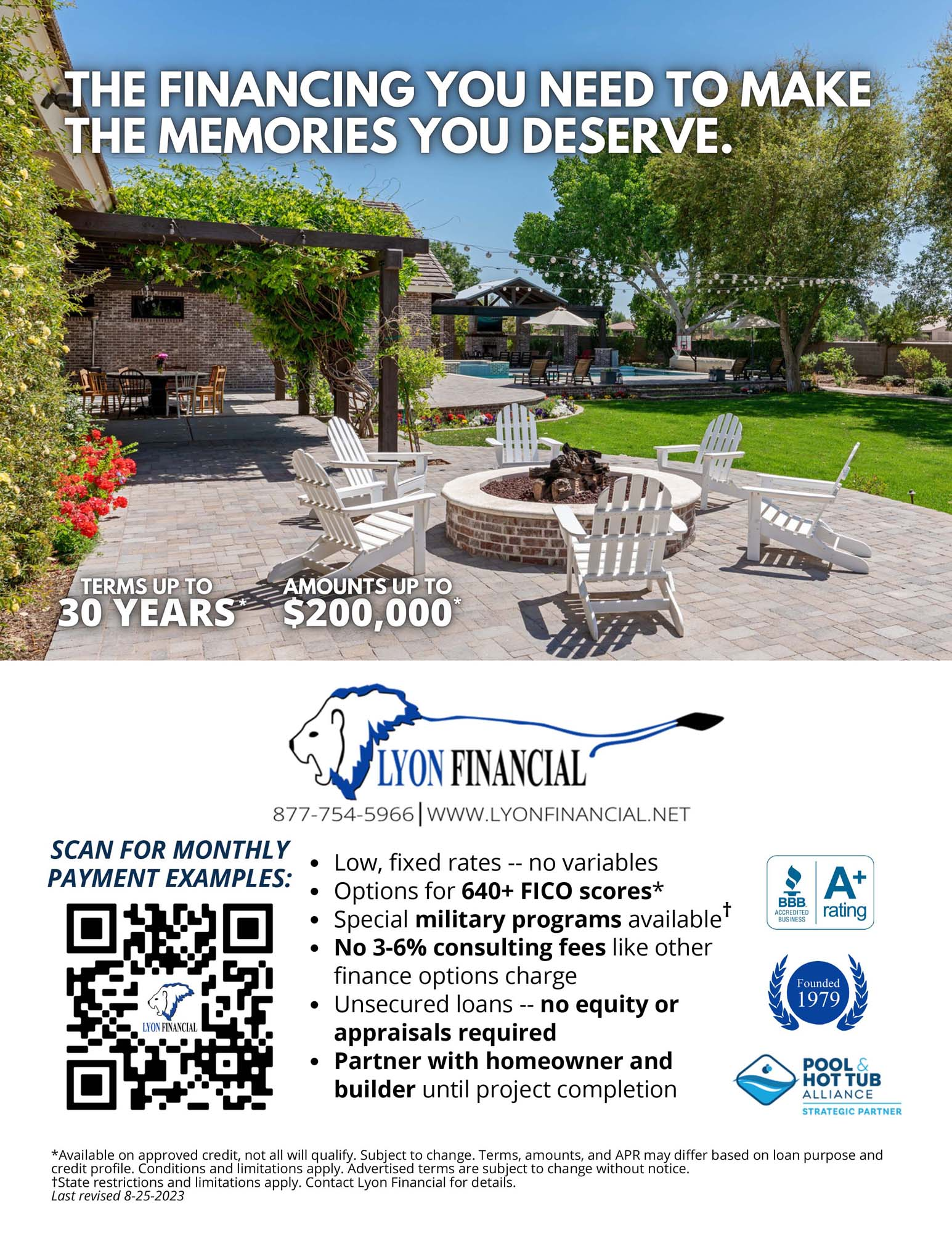 Advertisement: Lyon Financial offers financing. A backyard with a fire pit and text