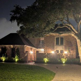 A brick house at night, lit by spotlights, with a large tree in the foreground.