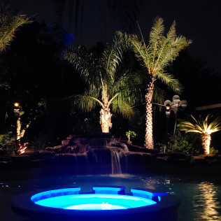 Pool area at night illuminated with blue lights, palm trees, and a waterfall.