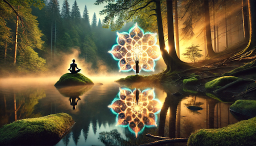 A man is sitting on a rock in the middle of a lake.