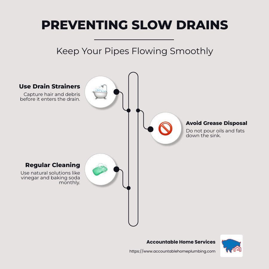Accountable Home Services shares tips to prevent slow drains with strainers, cleaning, and no grease.