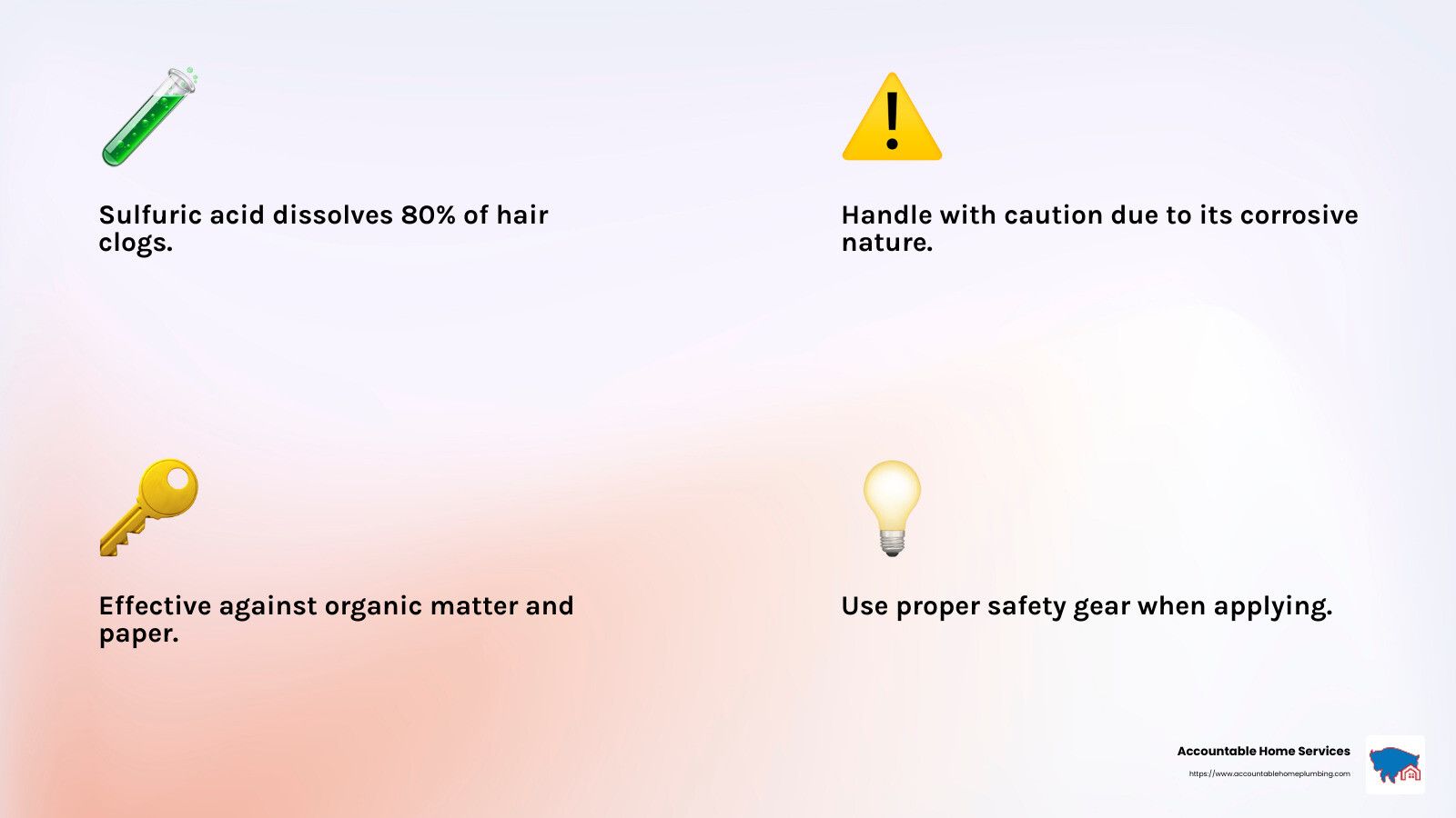 Accountable Home Services explains sulfuric acid’s use for clogs and stresses safety precautions.
