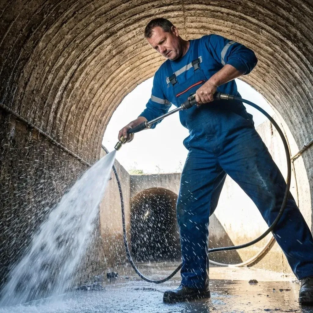 Man in blue jumpsuit sprays water to clean an industrial tunnel. Hydro Jetting Work